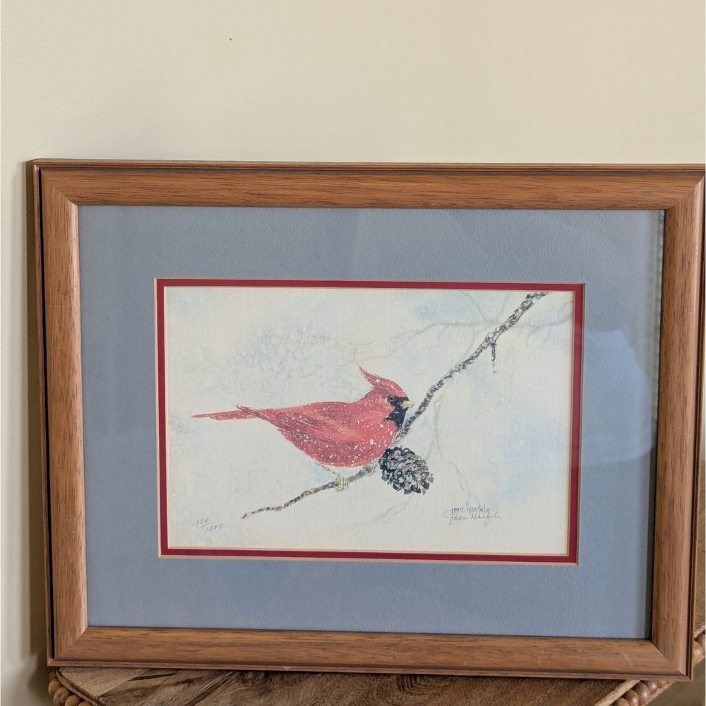 Watercolor Cardinal Snow Bird Print Artist Signed Jean Haefele Numbered Framed